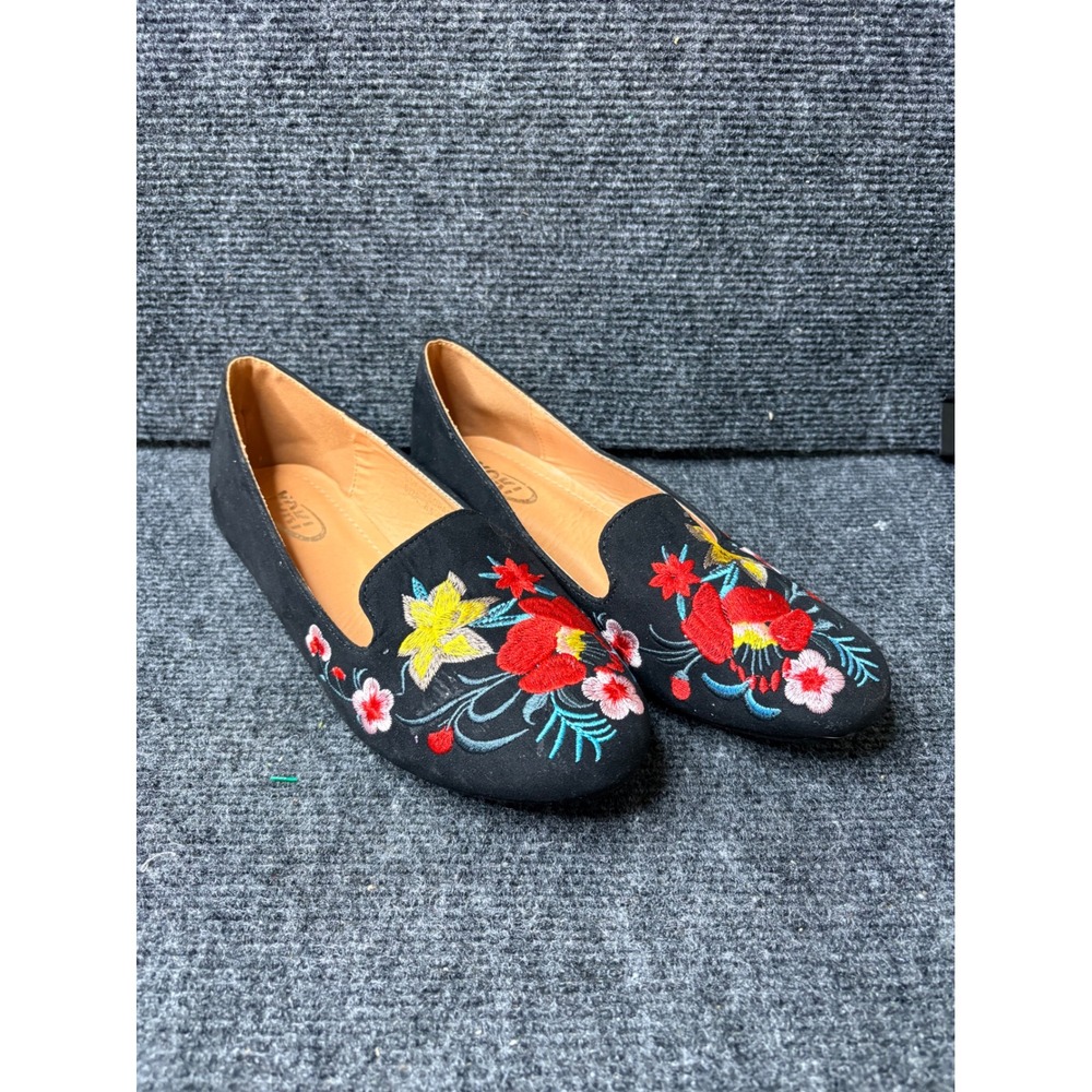 Yoki Womens Black Floral Embroidered Faux Suede Loafers Flats Size 8.5